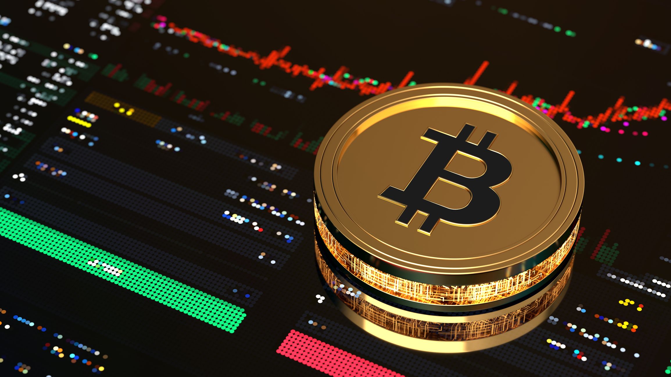 A Bitcoin sits on top of a stock market chart showing upward price movement.