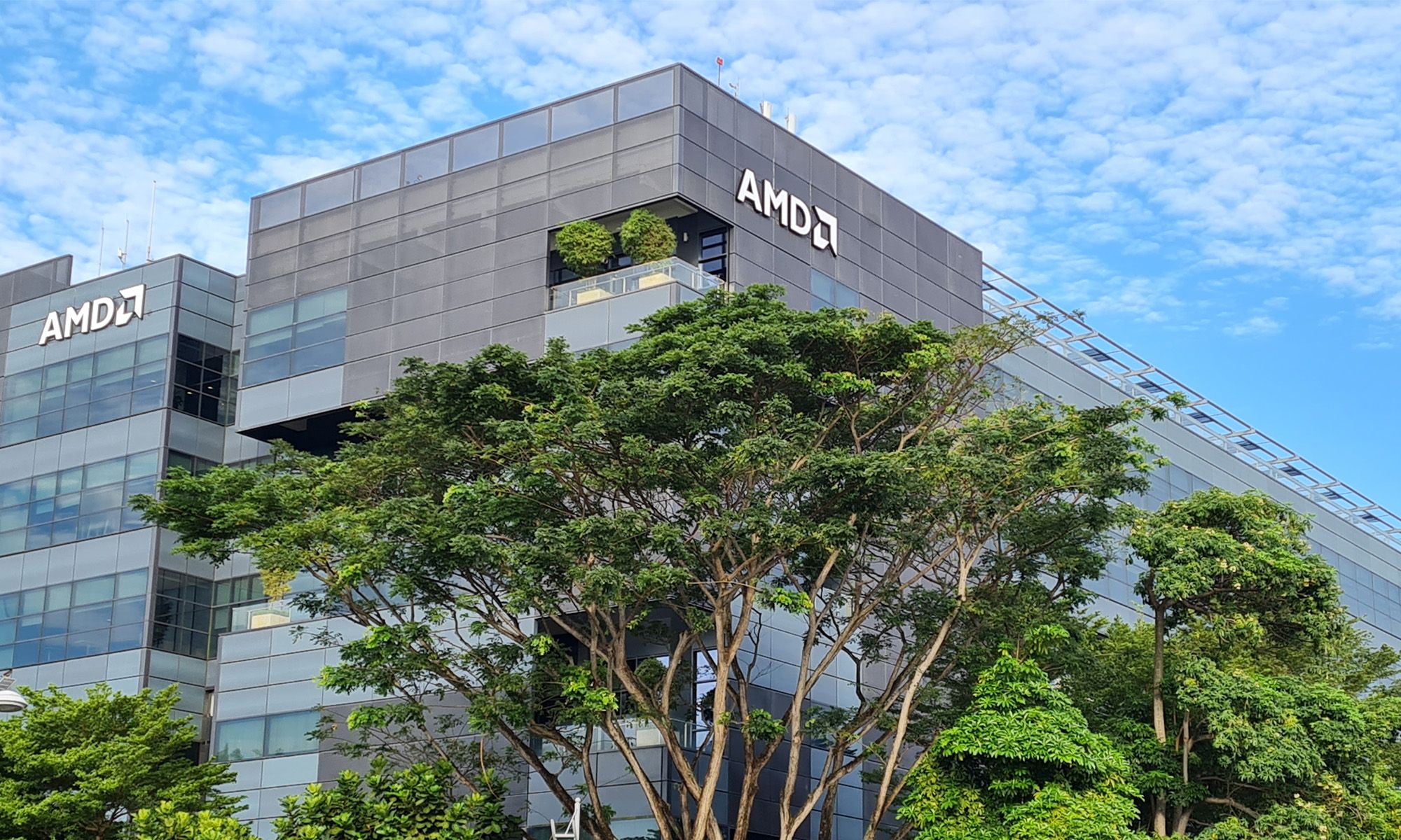 AMD logo on the side of an office building